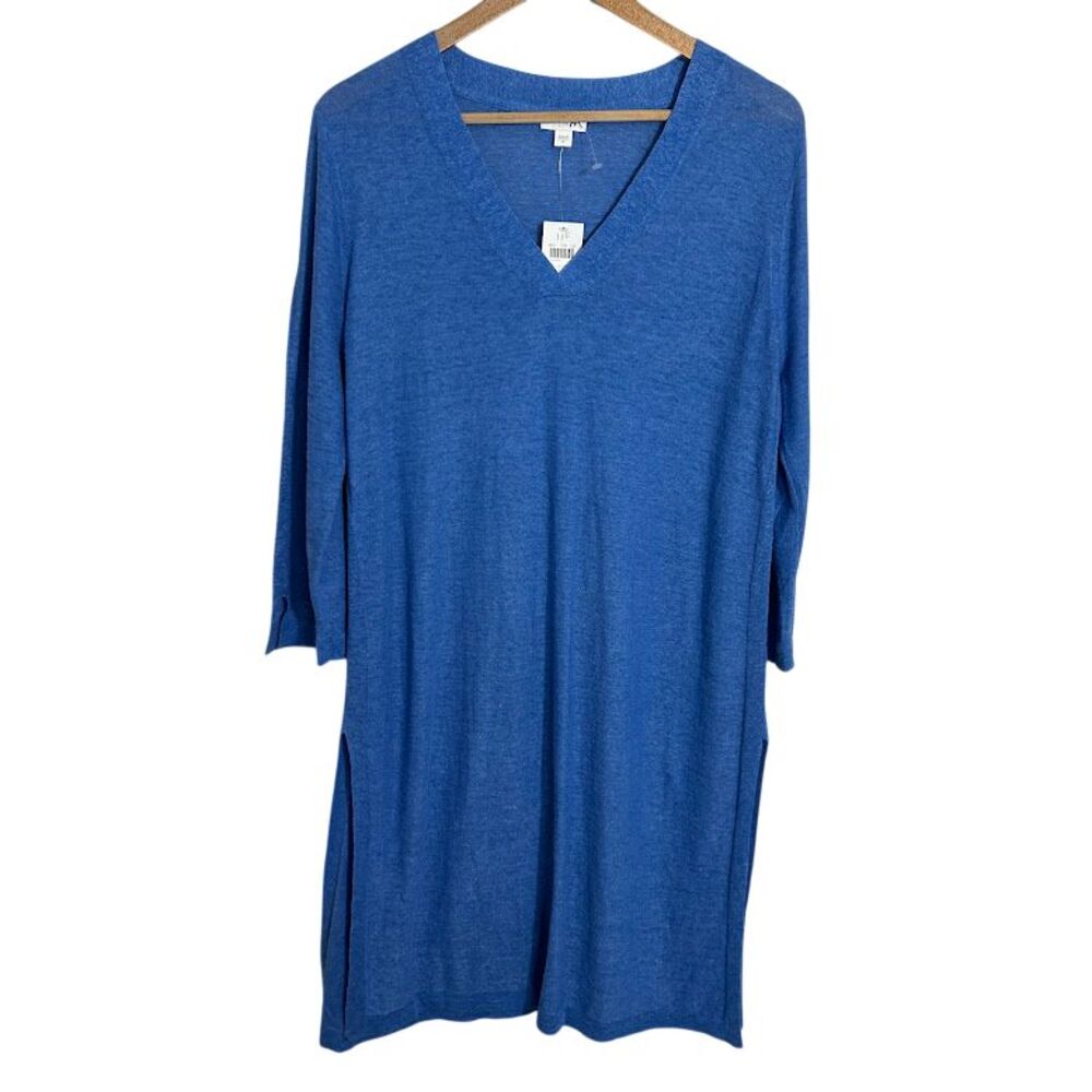NEW J Jill Linen Blend Long Tunic Top M Blue 3/4 Sleeve V Neck Lagenlook NWT